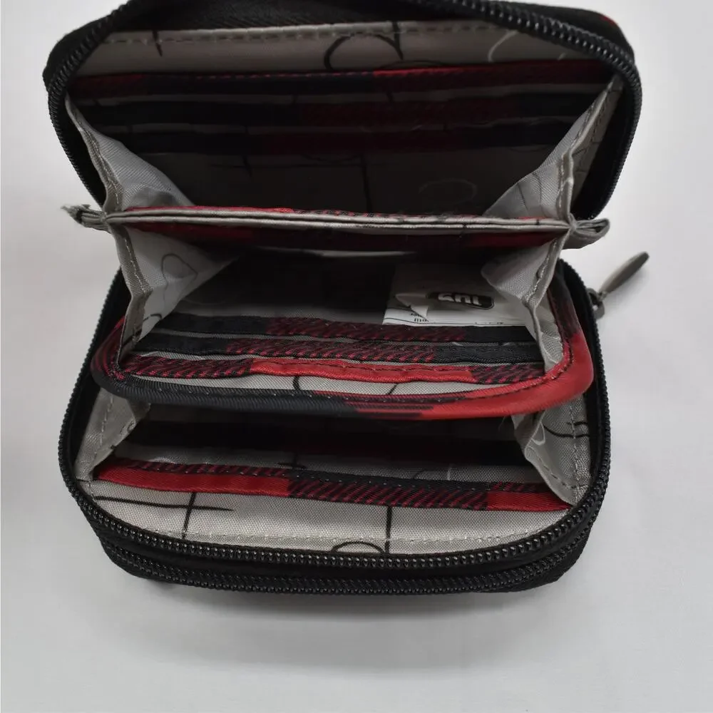 Lug Splits RFID Double Zip Wallet Black Red Quilted Buffalo Plaid Card Holder